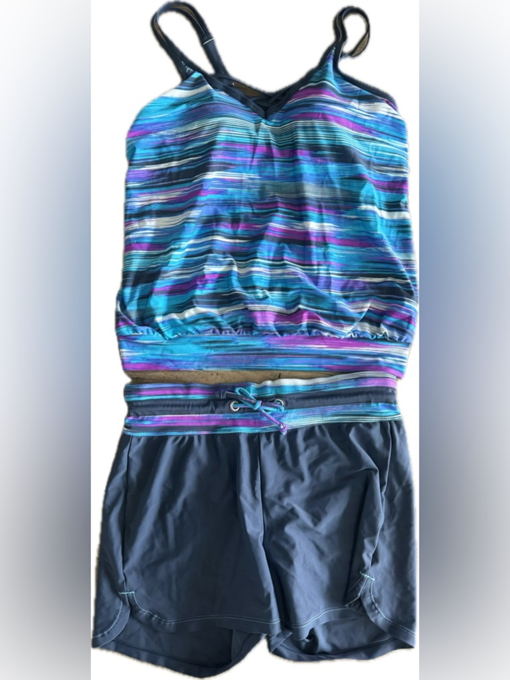 Striped Blue & Purple Swim Shorts and Top with Grey Bottom